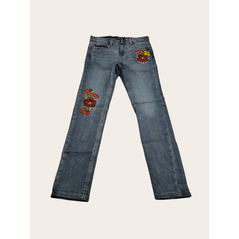 Lucky Brand Zoe Skinny Jeans Embroidered floral Blue Denim Girl Size 10